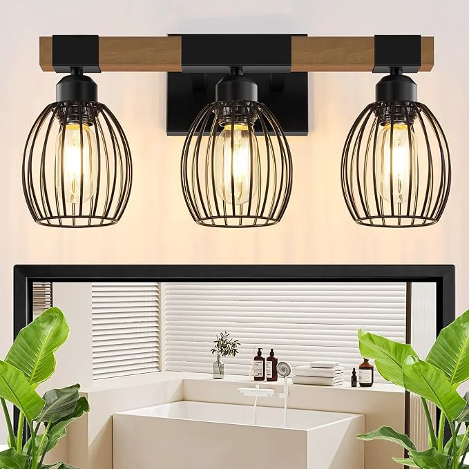 Lightweight 3-Light Farmhouse Bathroom Vanity Light Fixtures Rustic Wood Bathroom Light Authentic