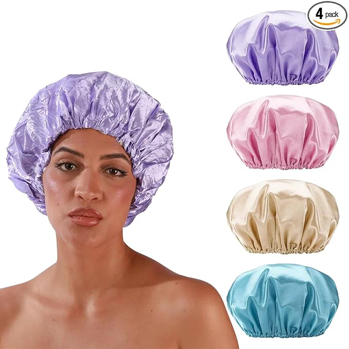 Stylish Smilco 4 Pack Shower Caps for Women Reusable Waterproof Double Layer Bath Cap Advanced