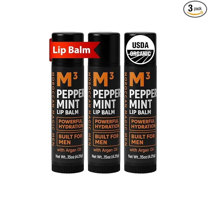 Premium Moroccan Men M3 Organic Peppermint Lip Balm 3 Pack Ultra-Hydrating High-End
