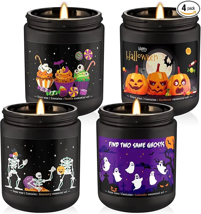 Stylish 4 Pack Black Halloween Scented Candles -7oz Soy Wax Candles Traditional