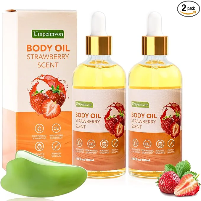 Elite 2 Pack 3.38 fl.oz Strawberry Body Oil after Shower Vitamin C E Gua Sha Body Casual