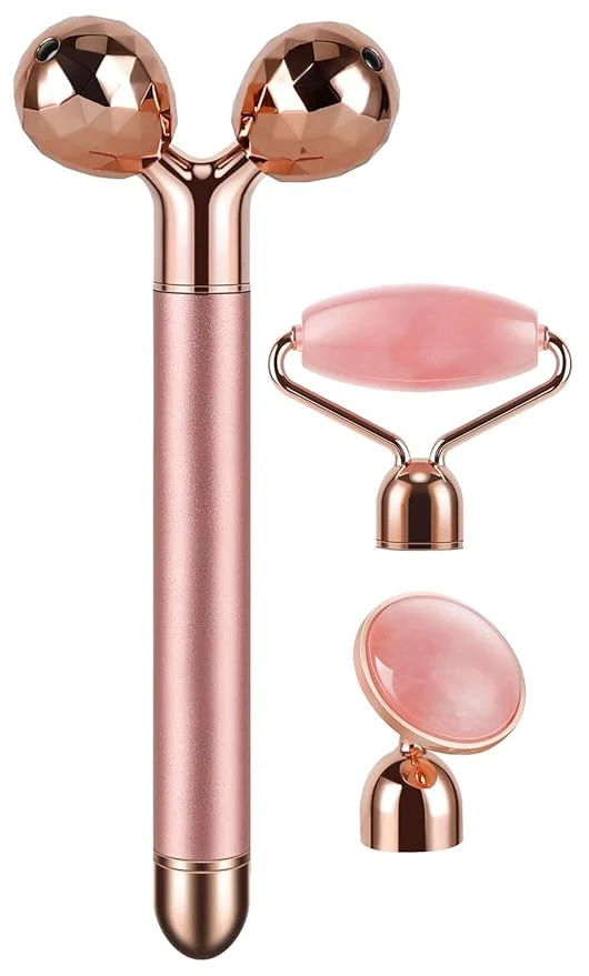 Elegant 3-IN-1 Electric Jade Roller 3D Roller Facial Roller Face Massager Rose Quartz Fine Crafted