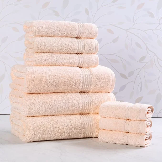 Refined Superior Egyptian Cotton 9-Piece Towel Set Guest Bath Decor Essentials Convenient