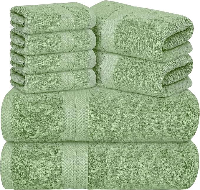 Premium Avalon Towels Luxury 8 Piece Sage Green Towels Set 2 Bath Towels 2 Hand Fine