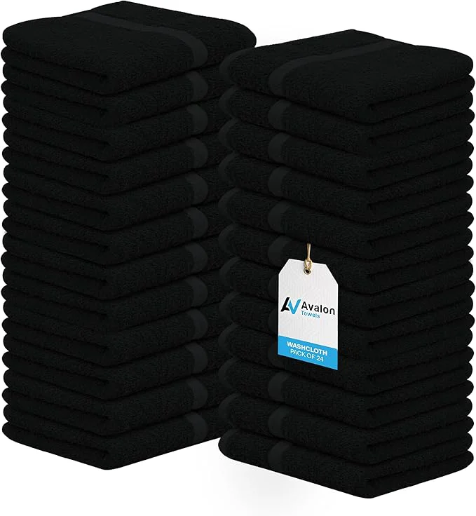 Pure Avalon Towels Cotton Washcloths 24-Pack – 12 x 12 Inch Black Super Soft Sophisticated