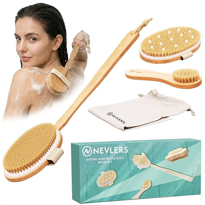Comfortable Nevlers Natural Boar Bristle Dry Brushing Set 4-Piece Body Brush Kit World-Class