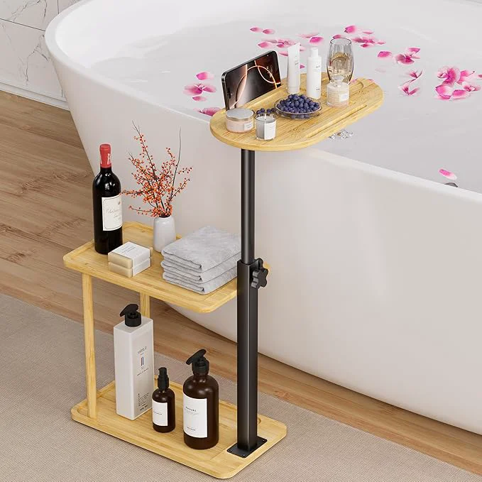 Optimized Bathtub Tray Table standing Bath Side Table Tub Tray Caddy 3 Layer Bamboo Trendy