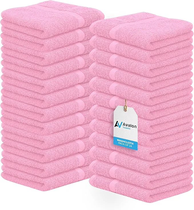 Exclusive Avalon Towels Cotton Washcloths 24-Pack – 12 x 12 Inch Pink Super Soft Crafted