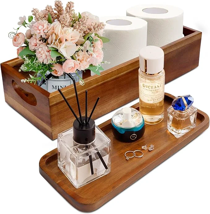 Easy-to-Use Handmade Toilet Tank Basket Topper Vanity Tray Set of Natural Acacia Wood by Flexible