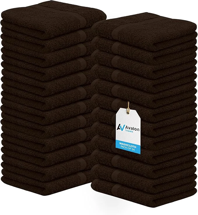 Long-Lasting Avalon Towels Cotton Washcloths 24-Pack – 12 x 12 Inch Brown Super Soft Advanced