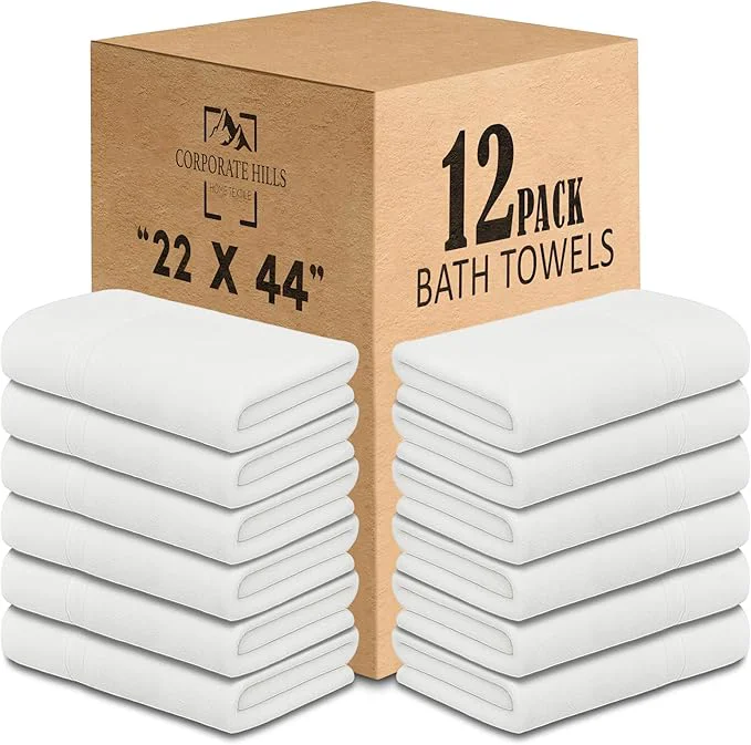 Stylish CH White Bath Towels Bulk Pack of 12 – Pure Cotton Lightweight Absorbent Original Design