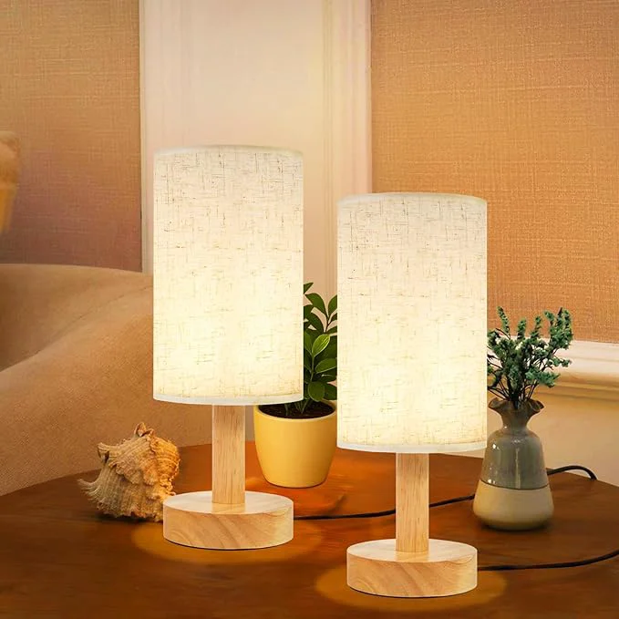 Recyclable Small Bedside Table Lamps for Bedroom Set of 2 Natural Round Wood Base Fabric Unique