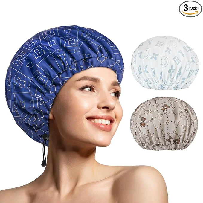 Casual 3 PCS Shower Caps for Women Upgrade Comfortable Extra Large Double Layers Exclusive