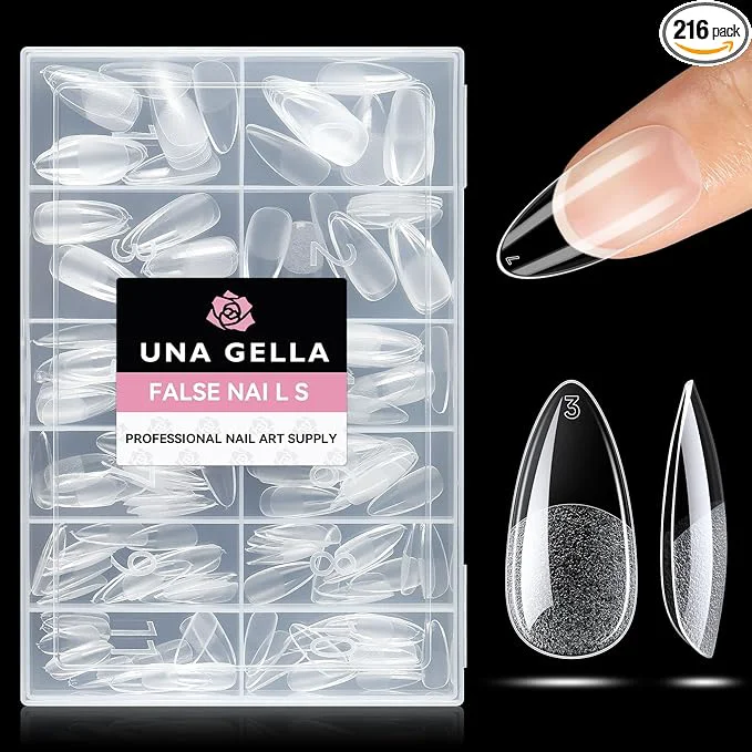 Fine Crafted UNA GELLA Almond Nail Tips 216pcs Medium Almond Press on Nails Pre-shape Gel Verified