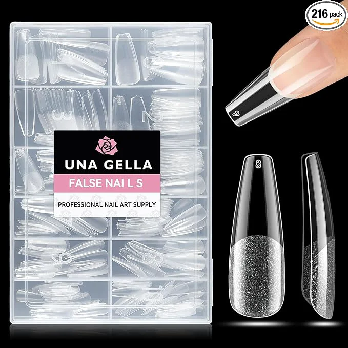 Genuine UNA GELLA Long Coffin Nail Tips 216pcs Coffin Acrylic Fake Nails Full Cover Recyclable