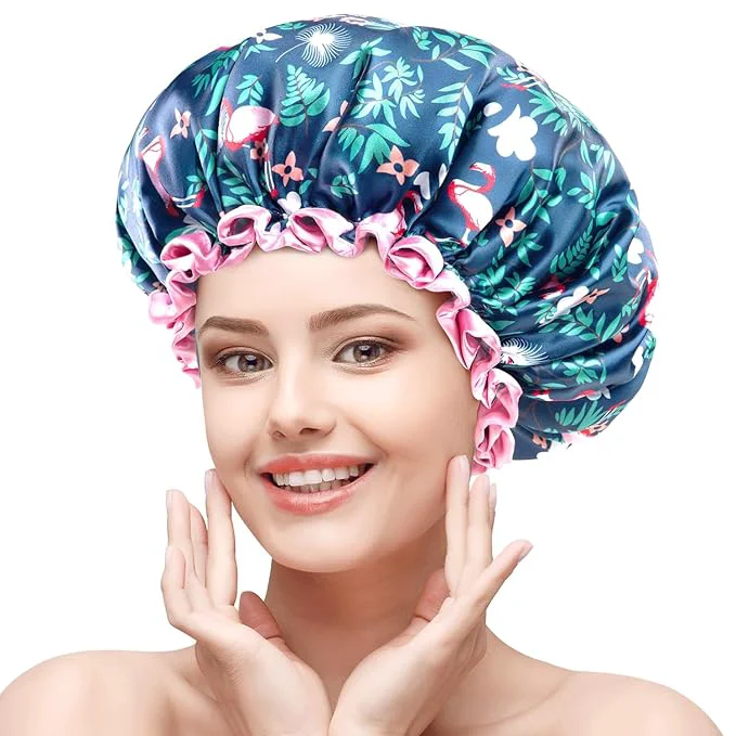 Verified mikimini Large Shower Cap for Women Long Hair Flamingo Shower Caps Carefully Designed