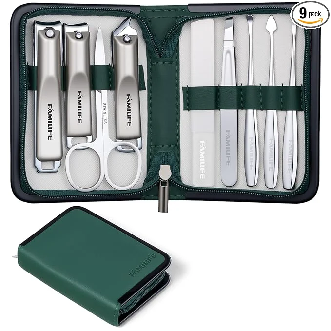 Fashionable FAMILIFE Manicure Kit for Women Stylish Green Travel Manicure Set for Home Prestigious