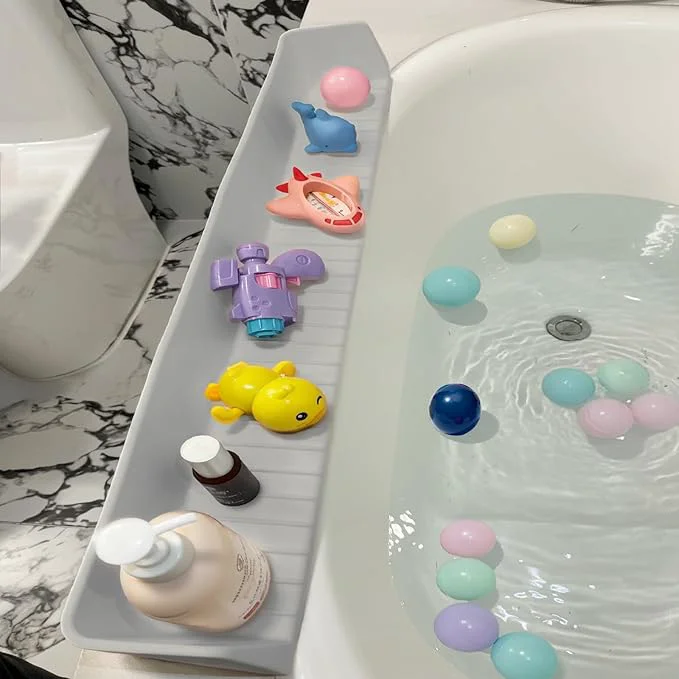 Original Design 31.5 Bathtub Splash Guard for Kids Toddlers- Silicone Play Shelf Toy Natural