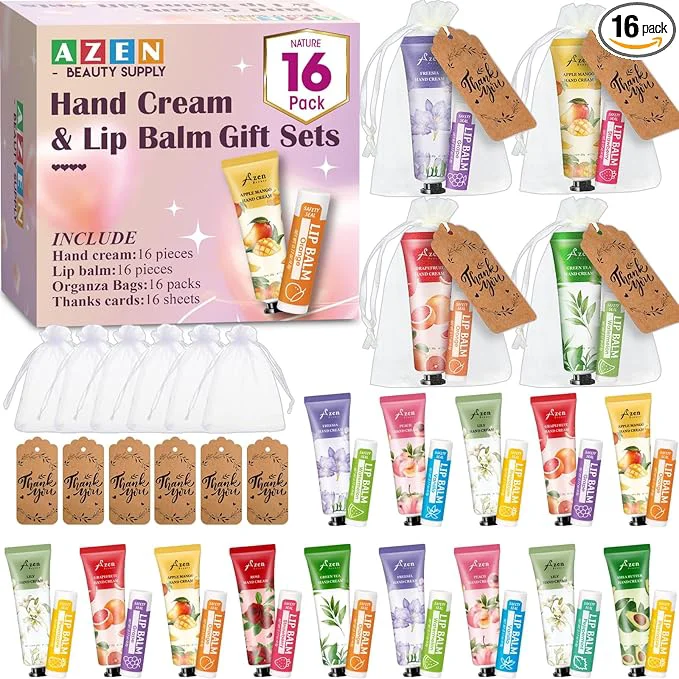Clean AZEN 16 Sets Bulk Gifts Hand Cream and Lip Balm Bulk Set Secure