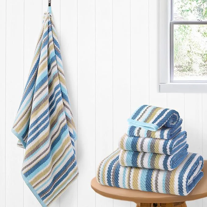 Genuine Striped Towels Set 2 Bath 28 x52 2 Hand 16 x27 2 Face 13 x13 Luxury Bath Quality