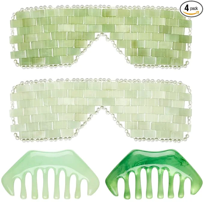 Powerful Hercicy 4 Pcs Jade Eye Mask and Hair Comb Set Green Jade Stone Eye Mask White High-Grade