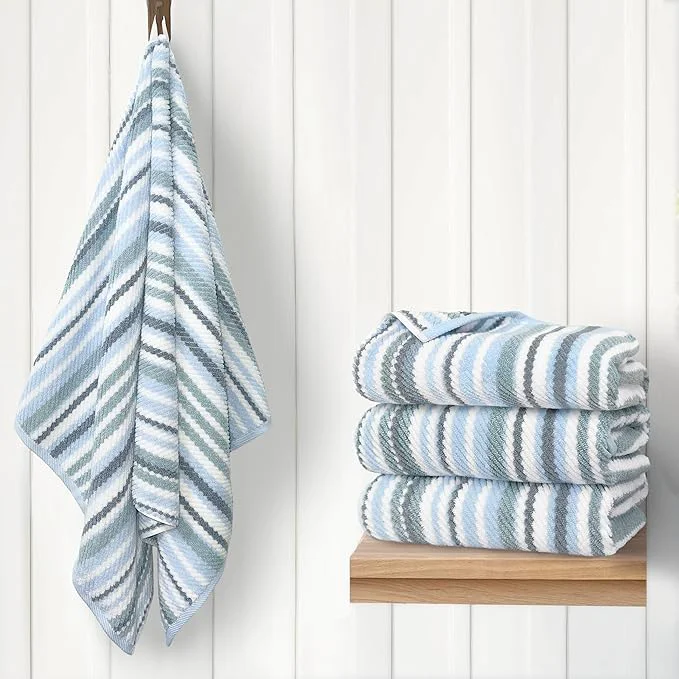 Certified Blue Striped Bath Towels Set of 4 Cotton Lightweight Super Soft Official