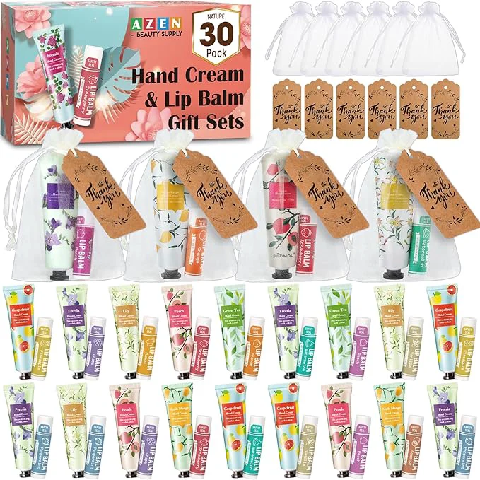 Solid AZEN 30 Sets Bulk Gifts Hand Cream and Lip Balm Bulk Set Fine