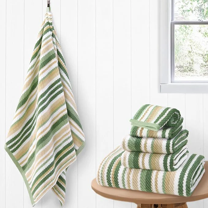 Next-Generation Sage Green Striped Towels Set- Cotton Quick Dry Soft Absorbent Consistent