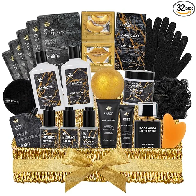 Enhanced 32 Pcs Mother’s Day Gift for Mom Charcoal Bath Body Gift Basket Set for Natural