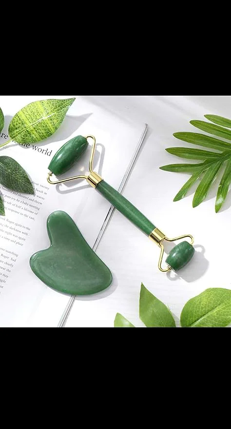 Smooth Jade Roller and Gua Sha Set Natural Green Stone Facial Massage Tools Modern