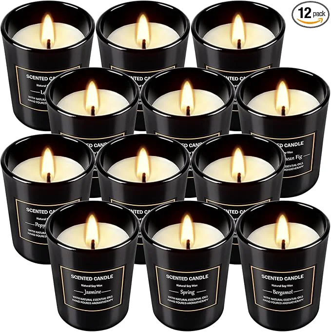 Top-Quality 12 Pack Scented Black Candles Gift Set Natural Soy Wax Aromatherapy Candles Functional