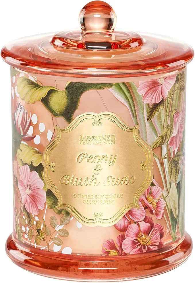 Expertly Made M SENSE Peony Blush Sude Spring Floral Soy Candle 12.7oz 75H Non-Toxic Large Traditional