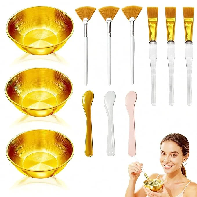 Organic 12 Pcs Gold Facial Bowl and Brush Set Safe