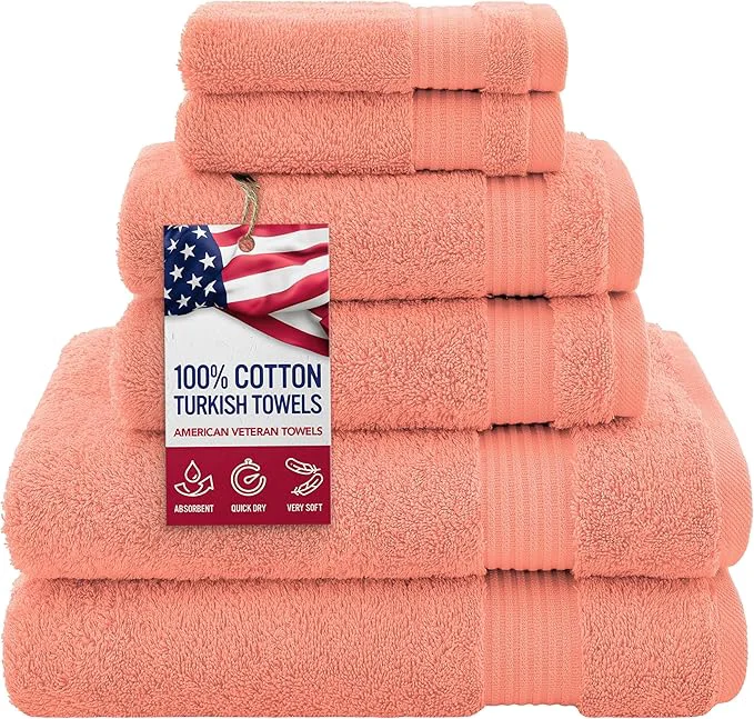 Pure American Veteran Towel Cotton Turkish 6 Piece Towel Set Luxury Towels Reusable