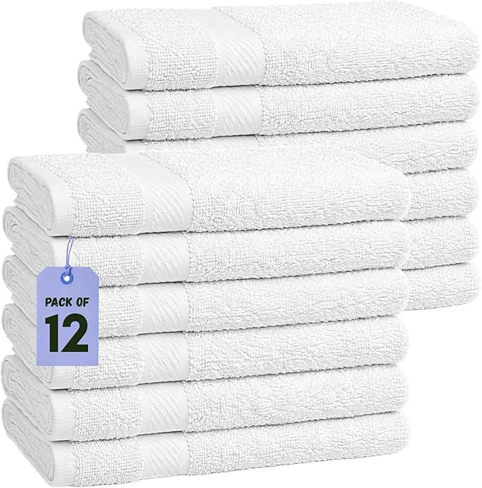 Prestigious Pearl Linens 12 Pack 22×44 Economy Cotton Hotel Quality White Bath Towels Stylish