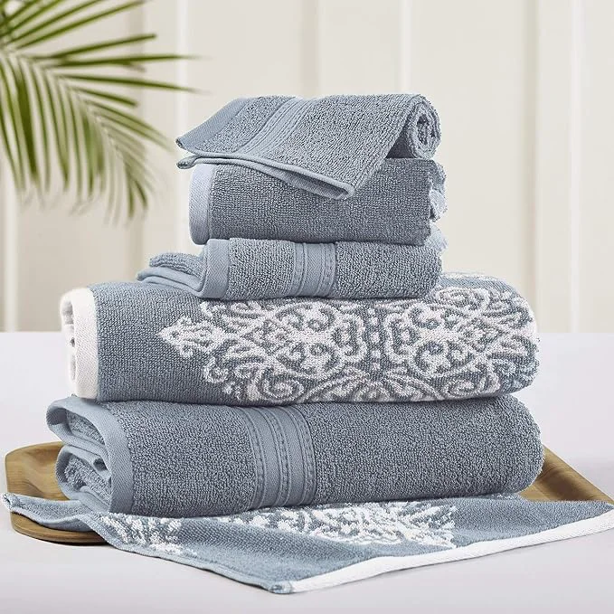 Crafted Modern Threads 6 Piece Reversible Yarn Dyed Jacquard Towel Set Artesia Damask Top-Quality