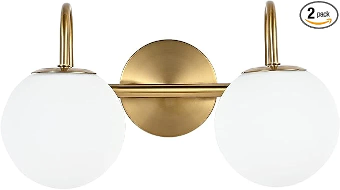 First-Class Modern Bathroom Vanity Light Fixtures 2 Lights Brushed Brass Milk White Globe Smooth