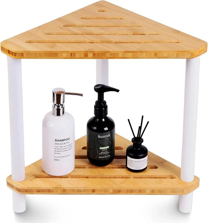 Pure 2-Tier Bamboo Corner Shower Caddy Waterproof Bathroom Corner Storage Organizer Smart