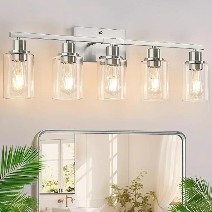 Traditional Indoi 5-Light Bathroom Light Fixtures Brushed Nickel Bathroom Vanity Light Stylish