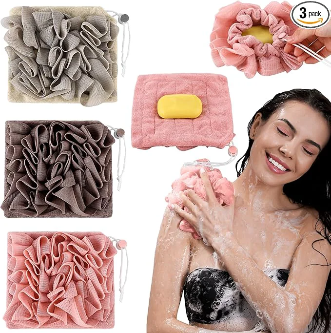 High-Quality 3 Pcs Washcloth Loofah Combo 2 in 1 Bath Loofah Sponge Smart