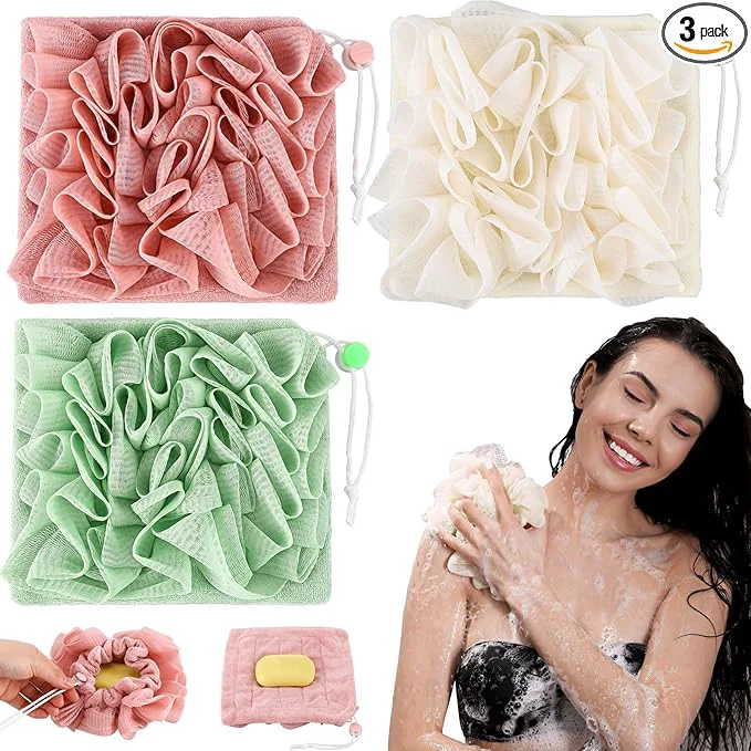 Environmentally Friendly 3 Pcs Washcloth Loofah Combo 2 in 1 Bath Loofah Sponge Casual