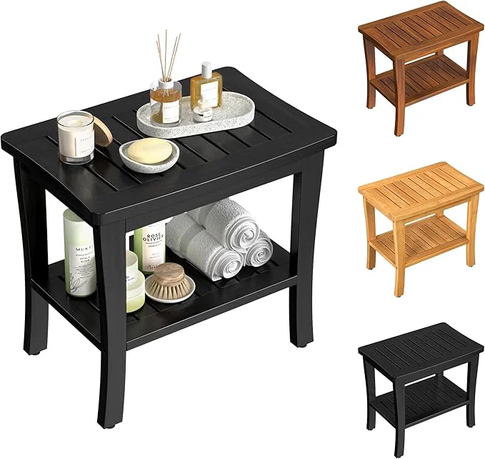 Effective Extra Bamboo Black Shower Bench Stool Waterproof Shower Chair Spa Bath Seat Fashionable