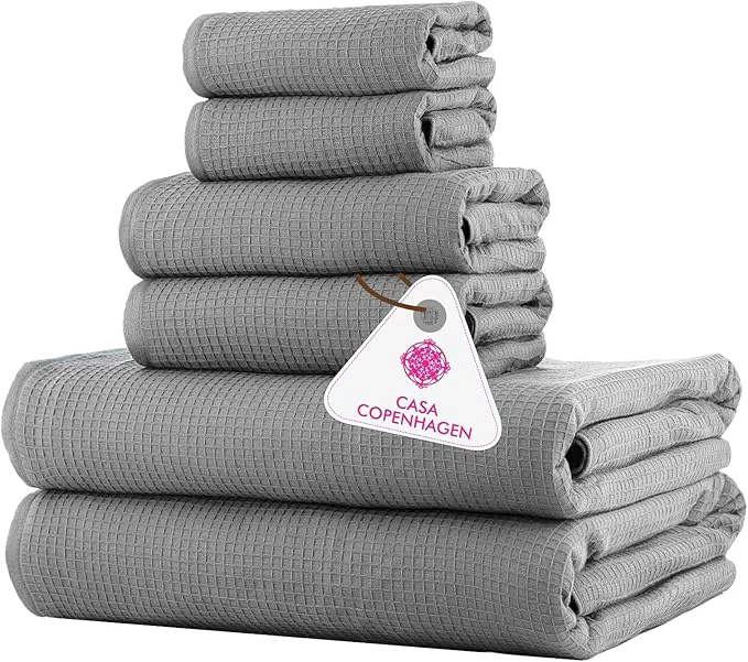 Green CASA COPENHAGEN Waffle 6Pcs Egyptian Cotton Large Designer Towels Gift World-Class