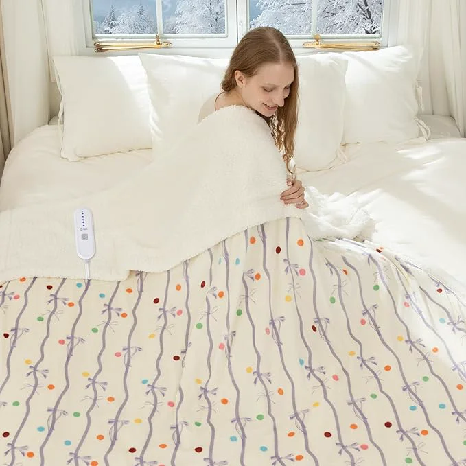 Professional Purple Bow Heated Blanket Twin Size 62 x 84 Eco-Friendly