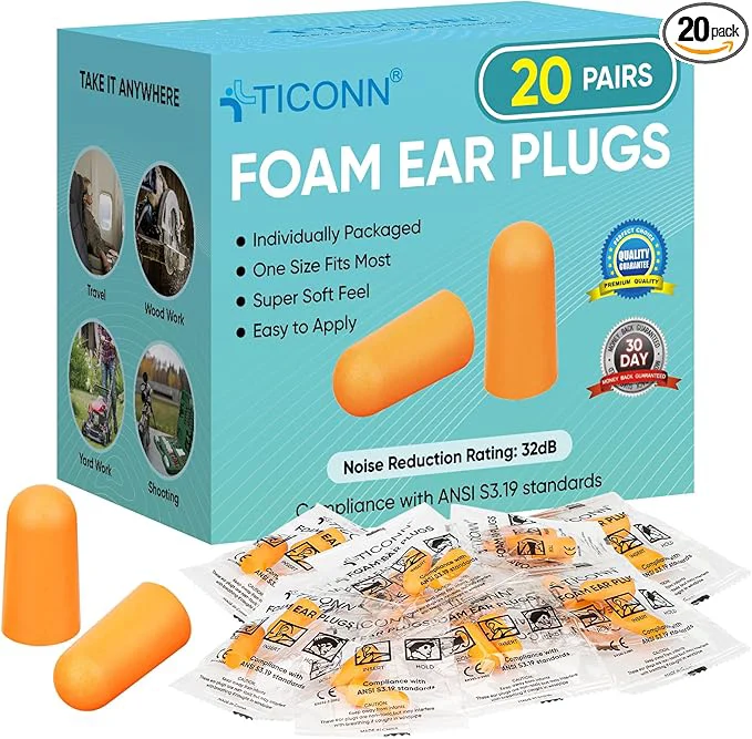 Modern TICONN 20 Pairs Foam Ear Plugs Individually Wrapped 32dB NRR Noise Reduction Sustainable