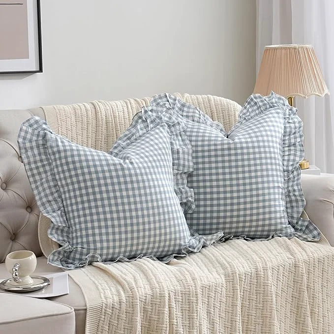 Safe 2 Pack Blue White Plaid Ruffle Throw Pillow Covers Farmhouse Checkered Chic Exclusive