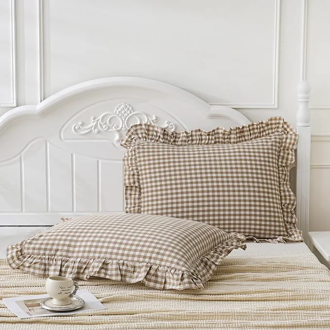 Unique 2 Pack Taupe White Plaid Gingham Ruffle Pillow Shams Standard Size 20×26 inches Artisan