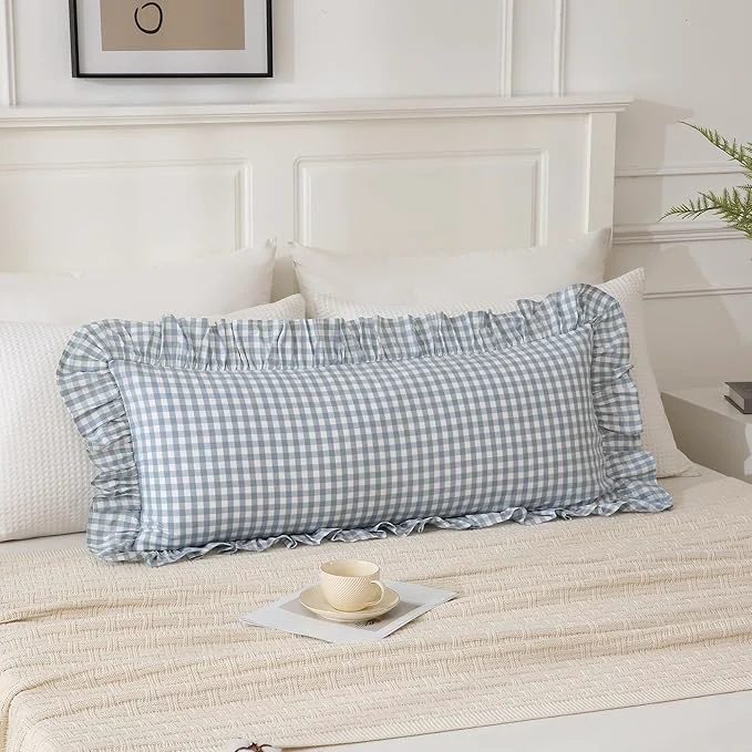 Premium Material Light Blue White Ruffled Long Lumbar Gingham Pillow Sham 14×36 inches 1 Piece High-End