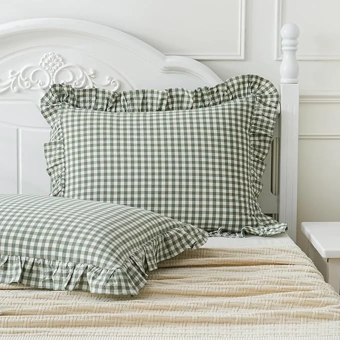 Dependable 2 Pack Sage Green White Plaid Ruffle Pillow Shams Standard Size 20×26 inches Expertly Made