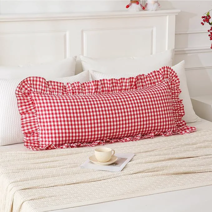 High-Performance 14×36 inches Red White Plaid Ruffle Lumbar Gingham Pillow Sham 1 Piece Carefully Designed